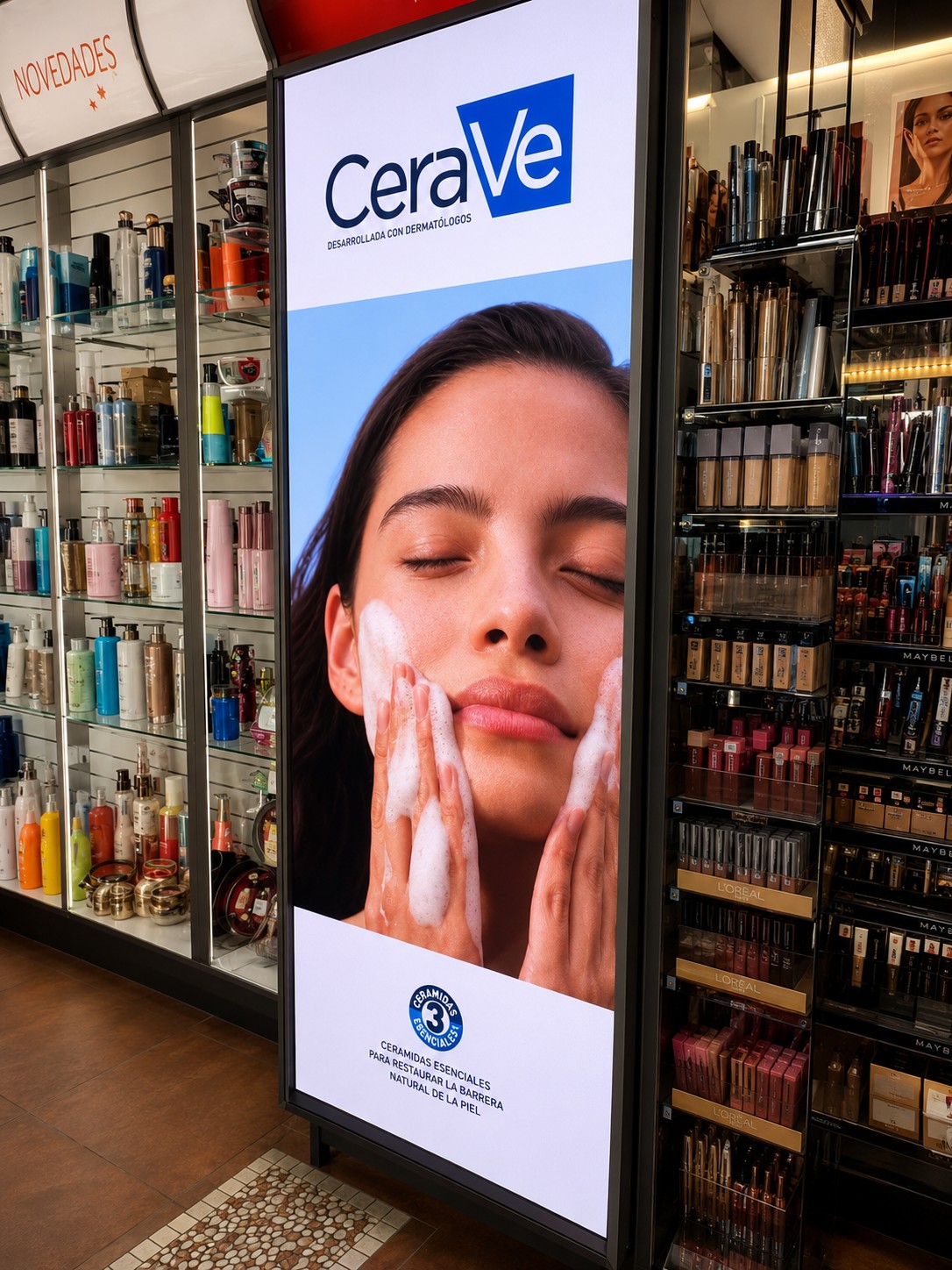 Tótem LED con publicidad de CeraVe dentro de una farmacia