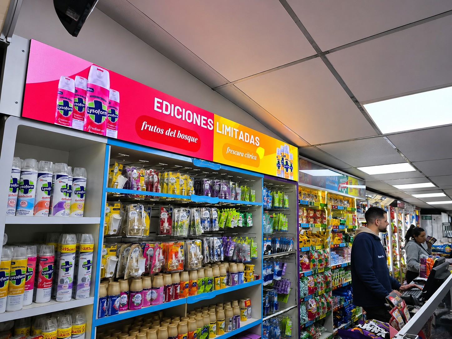 Pantalla LED de góndola con publicidad de Lysoform en un supermercado